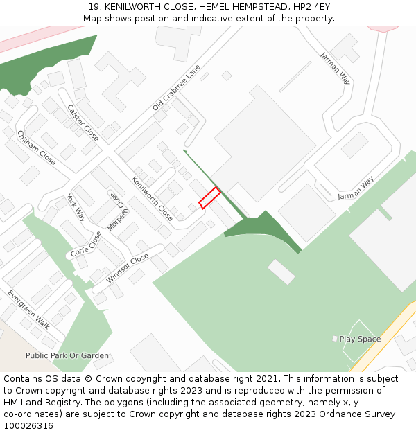 19, KENILWORTH CLOSE, HEMEL HEMPSTEAD, HP2 4EY: Location map and indicative extent of plot