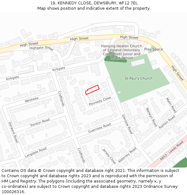 19, KENNEDY CLOSE, DEWSBURY, WF12 7EL: Location map and indicative extent of plot