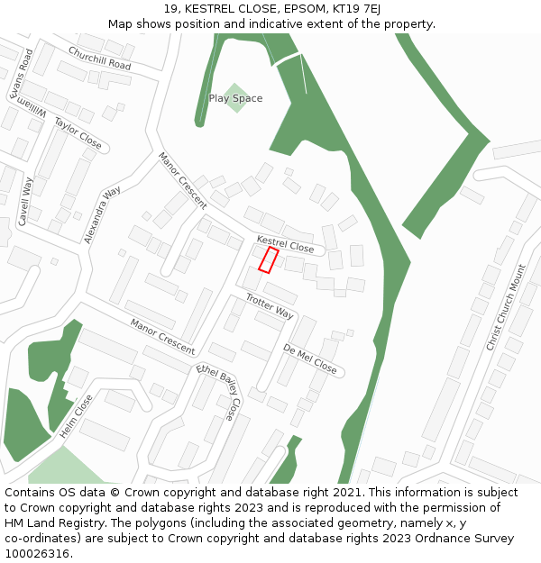 19, KESTREL CLOSE, EPSOM, KT19 7EJ: Location map and indicative extent of plot