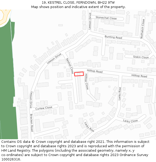 19, KESTREL CLOSE, FERNDOWN, BH22 9TW: Location map and indicative extent of plot