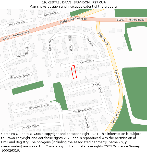 19, KESTREL DRIVE, BRANDON, IP27 0UA: Location map and indicative extent of plot
