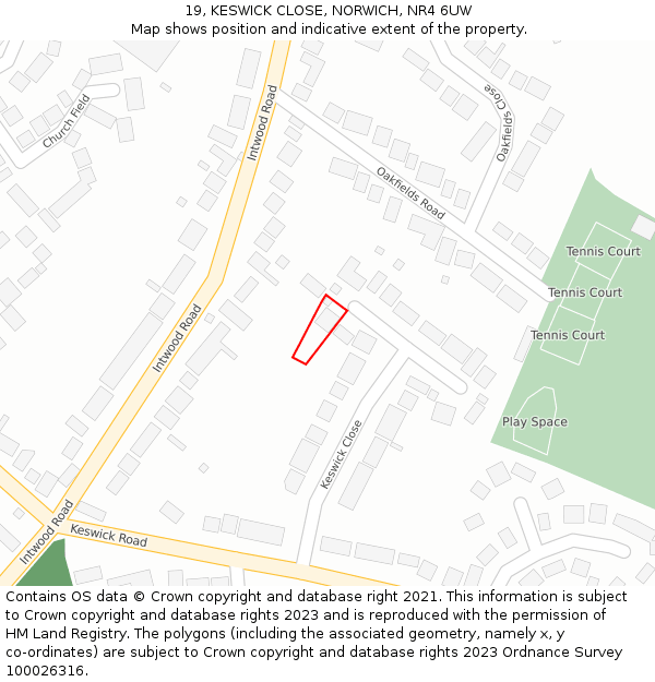 19, KESWICK CLOSE, NORWICH, NR4 6UW: Location map and indicative extent of plot