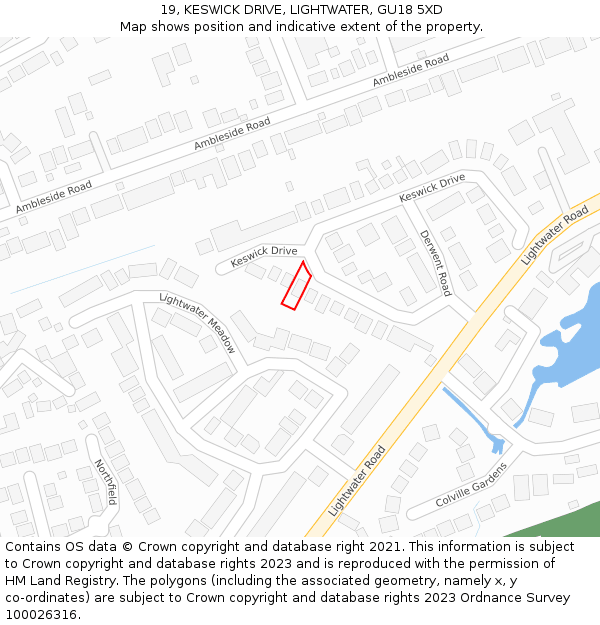 19, KESWICK DRIVE, LIGHTWATER, GU18 5XD: Location map and indicative extent of plot