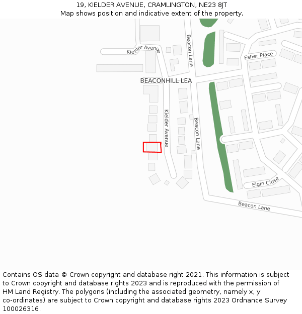 19, KIELDER AVENUE, CRAMLINGTON, NE23 8JT: Location map and indicative extent of plot