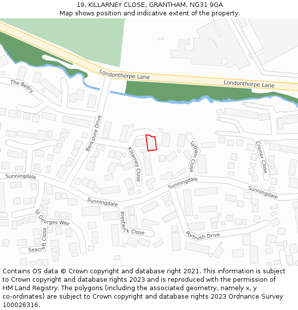 19, KILLARNEY CLOSE, GRANTHAM, NG31 9GA: Location map and indicative extent of plot