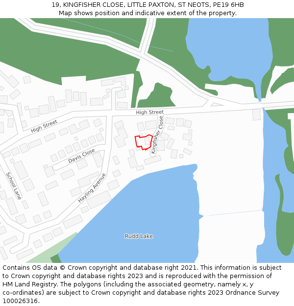 19, KINGFISHER CLOSE, LITTLE PAXTON, ST NEOTS, PE19 6HB: Location map and indicative extent of plot