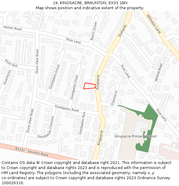 19, KINGSACRE, BRAUNTON, EX33 1BN: Location map and indicative extent of plot