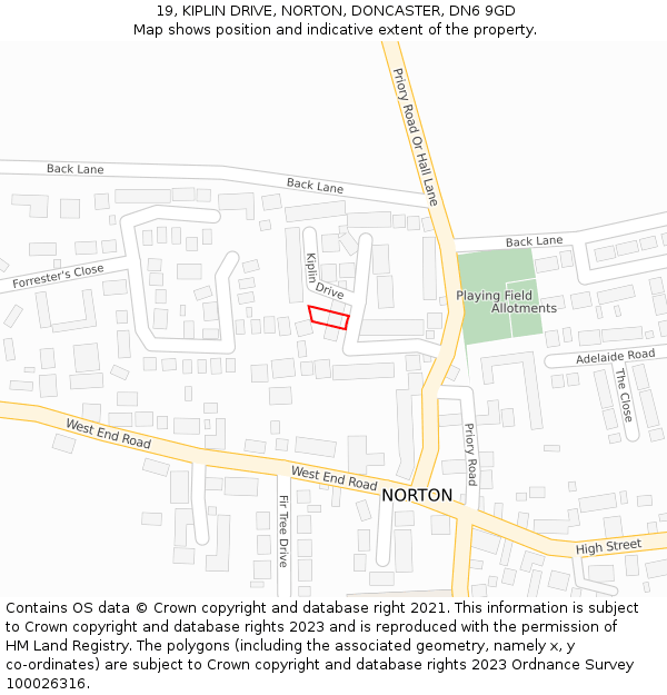 19, KIPLIN DRIVE, NORTON, DONCASTER, DN6 9GD: Location map and indicative extent of plot