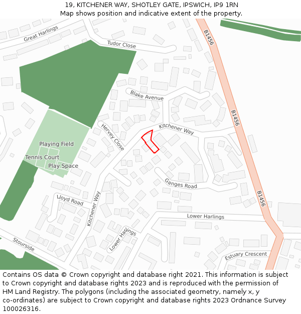 19, KITCHENER WAY, SHOTLEY GATE, IPSWICH, IP9 1RN: Location map and indicative extent of plot
