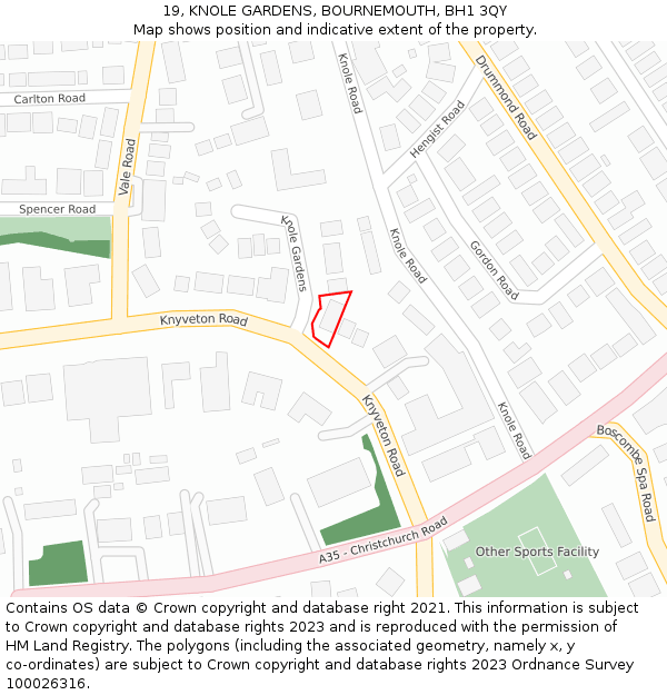 19, KNOLE GARDENS, BOURNEMOUTH, BH1 3QY: Location map and indicative extent of plot