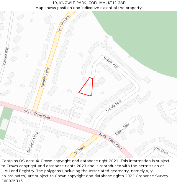 19, KNOWLE PARK, COBHAM, KT11 3AB: Location map and indicative extent of plot