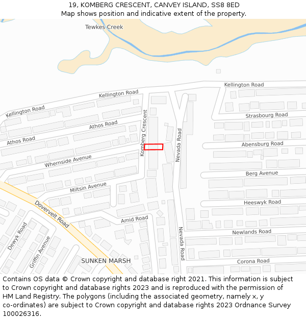 19, KOMBERG CRESCENT, CANVEY ISLAND, SS8 8ED: Location map and indicative extent of plot