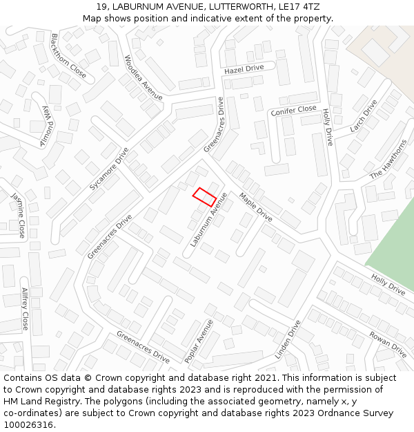 19, LABURNUM AVENUE, LUTTERWORTH, LE17 4TZ: Location map and indicative extent of plot