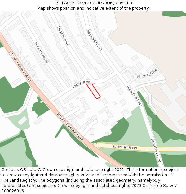 19, LACEY DRIVE, COULSDON, CR5 1ER: Location map and indicative extent of plot