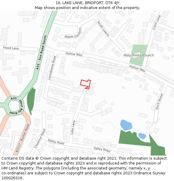 19, LAKE LANE, BRIDPORT, DT6 4JY: Location map and indicative extent of plot