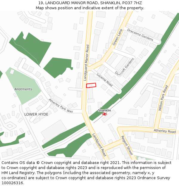 19, LANDGUARD MANOR ROAD, SHANKLIN, PO37 7HZ: Location map and indicative extent of plot