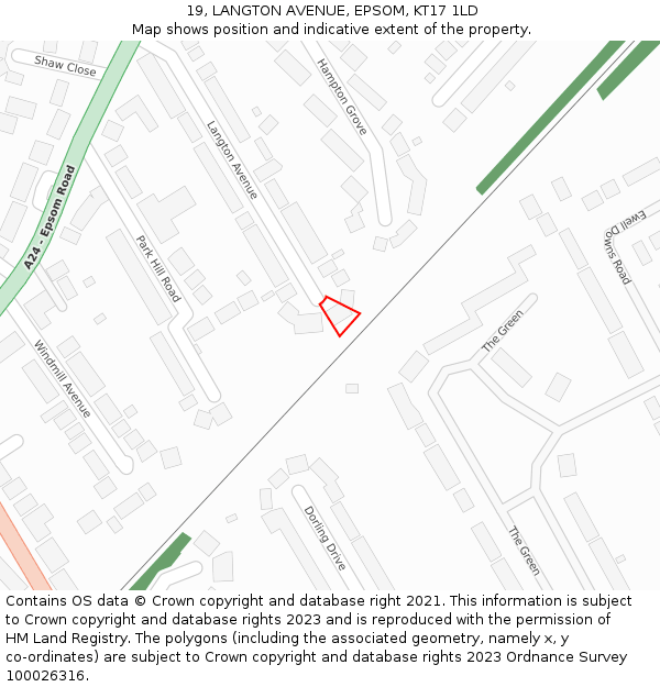 19, LANGTON AVENUE, EPSOM, KT17 1LD: Location map and indicative extent of plot