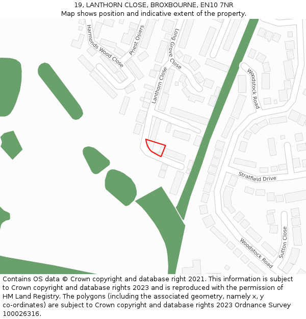 19, LANTHORN CLOSE, BROXBOURNE, EN10 7NR: Location map and indicative extent of plot