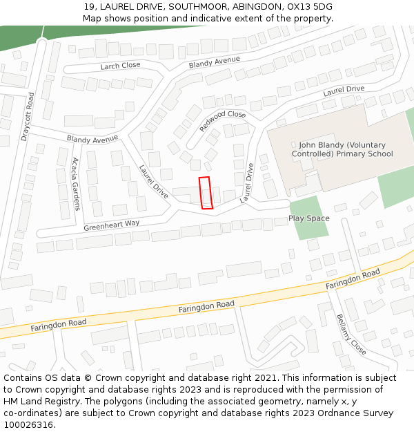 19, LAUREL DRIVE, SOUTHMOOR, ABINGDON, OX13 5DG: Location map and indicative extent of plot