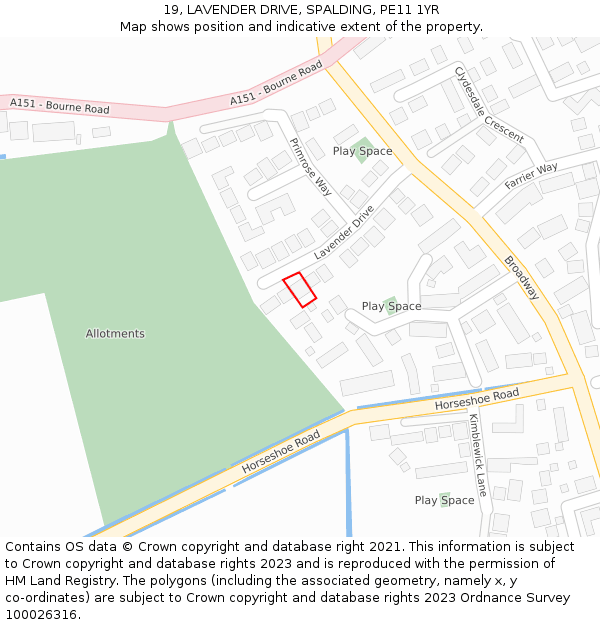 19, LAVENDER DRIVE, SPALDING, PE11 1YR: Location map and indicative extent of plot