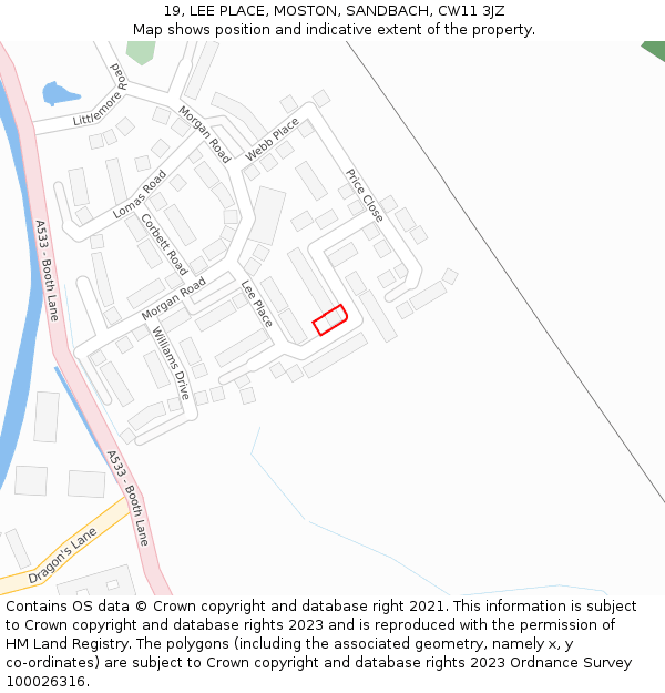 19, LEE PLACE, MOSTON, SANDBACH, CW11 3JZ: Location map and indicative extent of plot