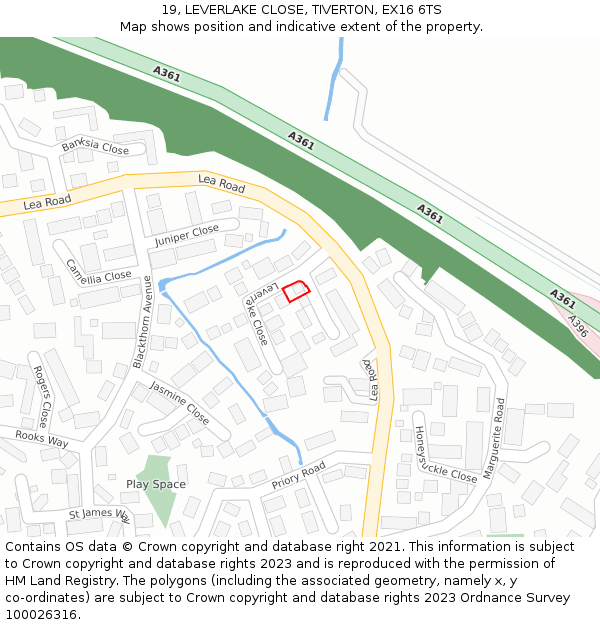 19, LEVERLAKE CLOSE, TIVERTON, EX16 6TS: Location map and indicative extent of plot