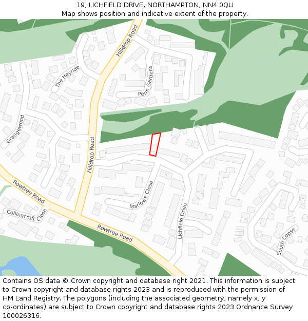 19, LICHFIELD DRIVE, NORTHAMPTON, NN4 0QU: Location map and indicative extent of plot