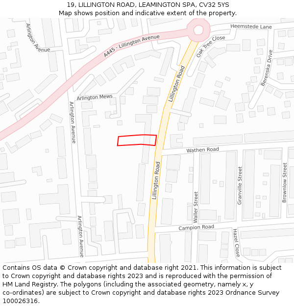 19, LILLINGTON ROAD, LEAMINGTON SPA, CV32 5YS: Location map and indicative extent of plot