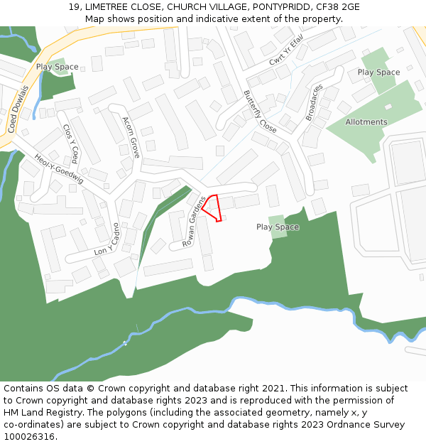 19, LIMETREE CLOSE, CHURCH VILLAGE, PONTYPRIDD, CF38 2GE: Location map and indicative extent of plot