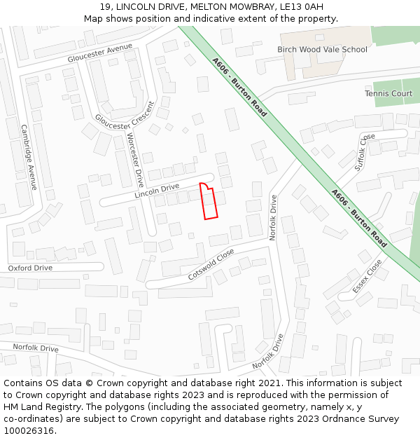 19, LINCOLN DRIVE, MELTON MOWBRAY, LE13 0AH: Location map and indicative extent of plot