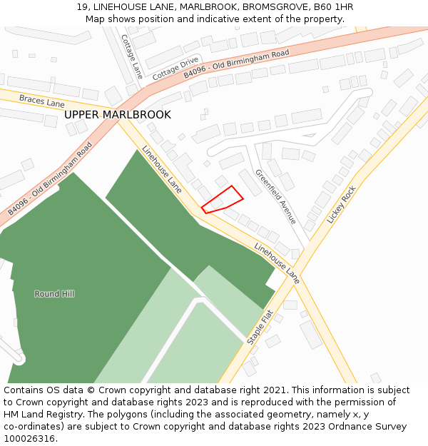 19, LINEHOUSE LANE, MARLBROOK, BROMSGROVE, B60 1HR: Location map and indicative extent of plot