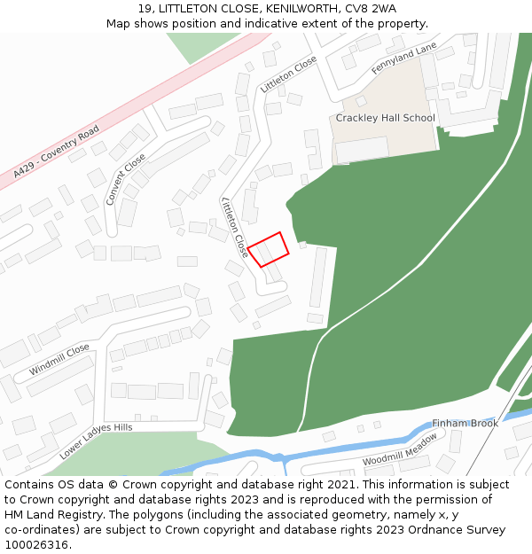 19, LITTLETON CLOSE, KENILWORTH, CV8 2WA: Location map and indicative extent of plot