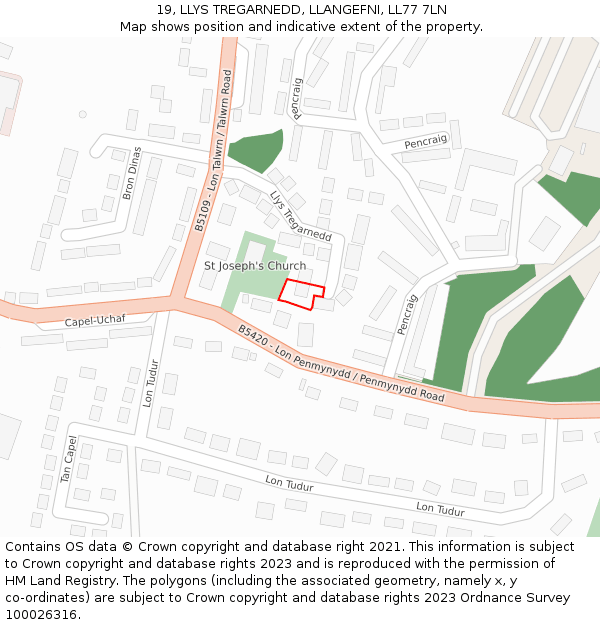 19, LLYS TREGARNEDD, LLANGEFNI, LL77 7LN: Location map and indicative extent of plot