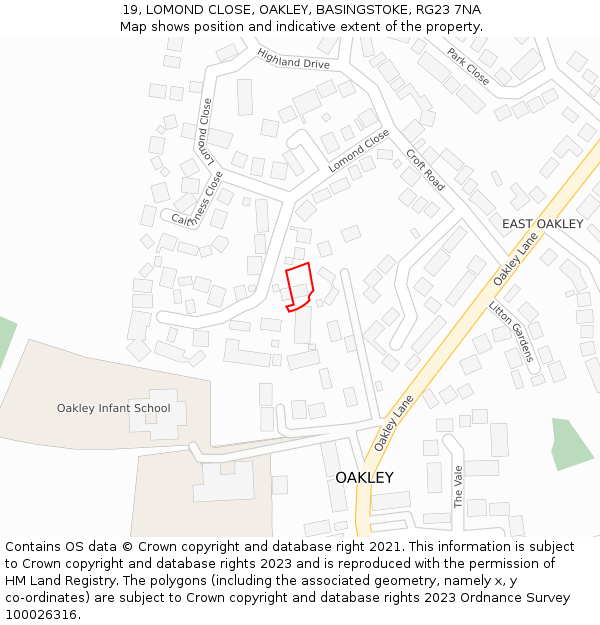 19, LOMOND CLOSE, OAKLEY, BASINGSTOKE, RG23 7NA: Location map and indicative extent of plot