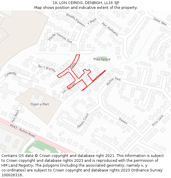 19, LON CEIRIOG, DENBIGH, LL16 3JP: Location map and indicative extent of plot