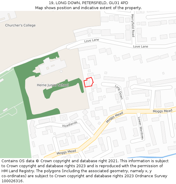 19, LONG DOWN, PETERSFIELD, GU31 4PD: Location map and indicative extent of plot