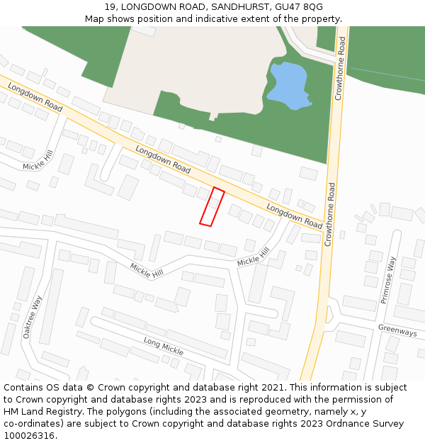 19, LONGDOWN ROAD, SANDHURST, GU47 8QG: Location map and indicative extent of plot