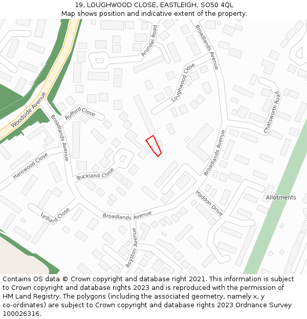 19, LOUGHWOOD CLOSE, EASTLEIGH, SO50 4QL: Location map and indicative extent of plot