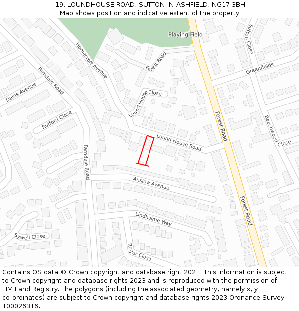 19, LOUNDHOUSE ROAD, SUTTON-IN-ASHFIELD, NG17 3BH: Location map and indicative extent of plot