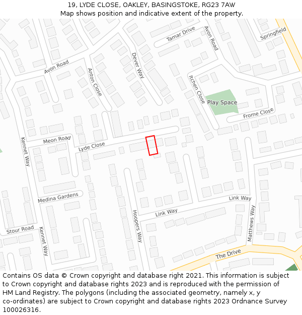 19, LYDE CLOSE, OAKLEY, BASINGSTOKE, RG23 7AW: Location map and indicative extent of plot