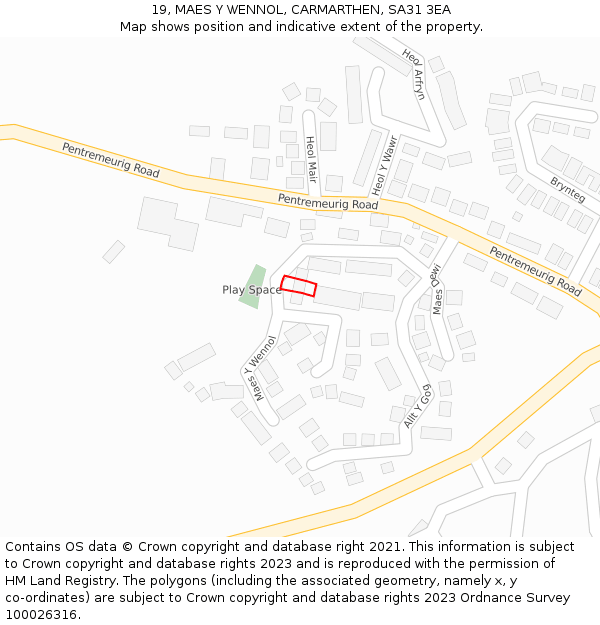 19, MAES Y WENNOL, CARMARTHEN, SA31 3EA: Location map and indicative extent of plot