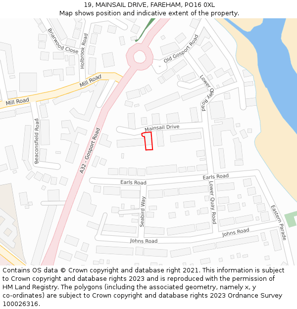 19, MAINSAIL DRIVE, FAREHAM, PO16 0XL: Location map and indicative extent of plot
