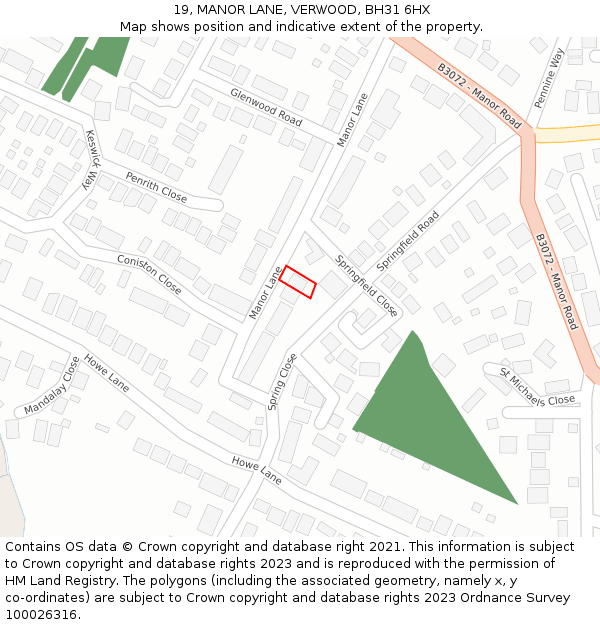 19, MANOR LANE, VERWOOD, BH31 6HX: Location map and indicative extent of plot