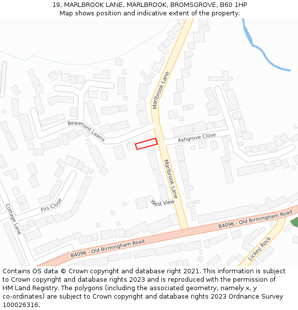 19, MARLBROOK LANE, MARLBROOK, BROMSGROVE, B60 1HP: Location map and indicative extent of plot