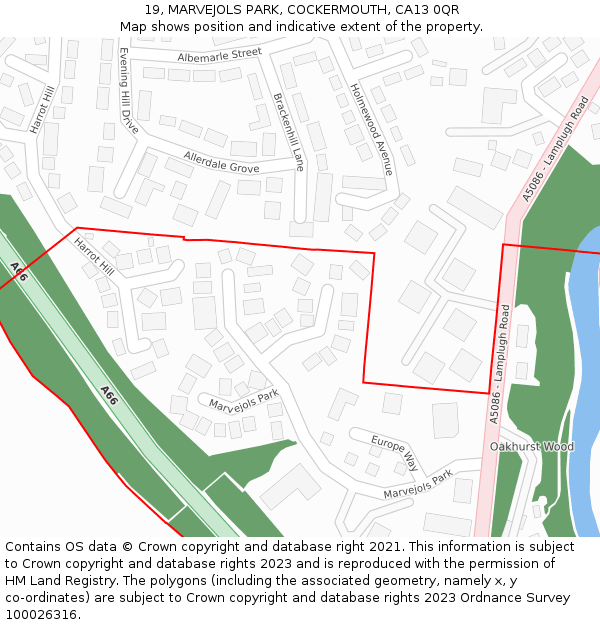 19, MARVEJOLS PARK, COCKERMOUTH, CA13 0QR: Location map and indicative extent of plot