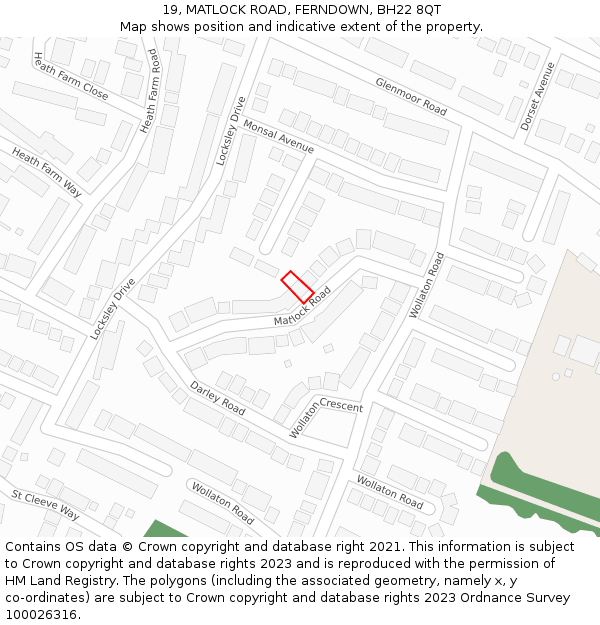 19, MATLOCK ROAD, FERNDOWN, BH22 8QT: Location map and indicative extent of plot