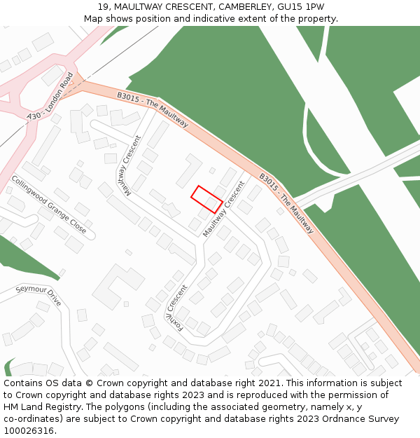 19, MAULTWAY CRESCENT, CAMBERLEY, GU15 1PW: Location map and indicative extent of plot