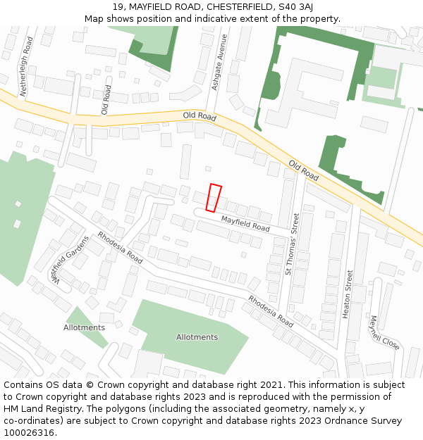 19, MAYFIELD ROAD, CHESTERFIELD, S40 3AJ: Location map and indicative extent of plot