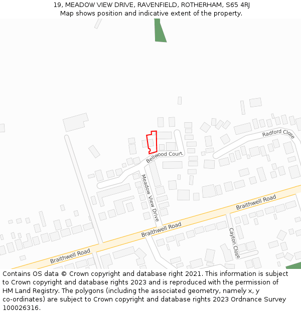 19, MEADOW VIEW DRIVE, RAVENFIELD, ROTHERHAM, S65 4RJ: Location map and indicative extent of plot