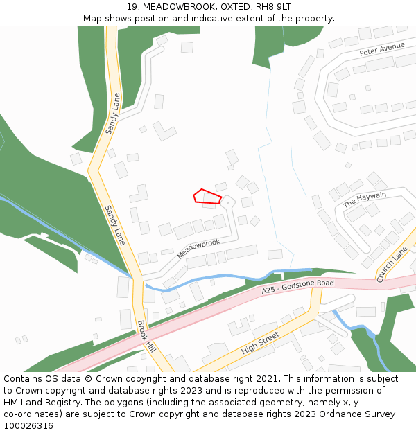 19, MEADOWBROOK, OXTED, RH8 9LT: Location map and indicative extent of plot